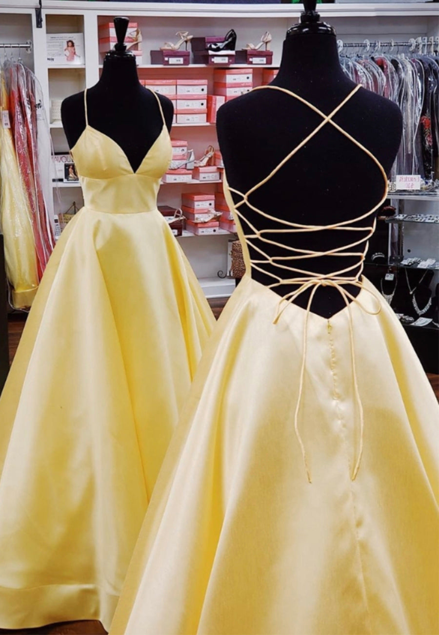 Yellow Satin Long Corset Prom Dresses, Simple A-Line Evening Dresses outfit, Black Dress Outfit