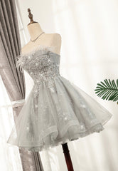 Gray Strapless Feather Short Corset Prom Dresses, Cute Party Dresses outfit, Prom Dresses2043