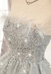 Gray Strapless Feather Short Corset Prom Dresses, Cute Party Dresses outfit, Prom Dresse 2043