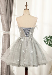 Gray Strapless Feather Short Corset Prom Dresses, Cute Party Dresses outfit, Prom Dresses For Sale