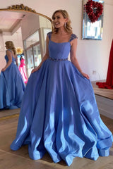 Blue A-Line Cap Sleeves Long Corset Prom Dress with Beading outfit, Blue A-Line Cap Sleeves Long Prom Dress with Beading