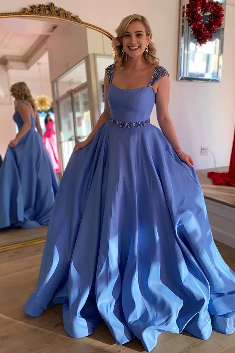 Blue A-Line Cap Sleeves Long Corset Prom Dress with Beading outfit, Blue A-Line Cap Sleeves Long Prom Dress with Beading