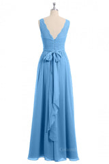 Blue A-line Lace and Chiffon Long Corset Bridesmaid Dress outfit, Summer Wedding