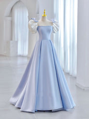 Blue A-Line Satin Long Corset Prom Dresses, Blue Satin Corset Formal Evening Dress outfit, Prom Dresses Sleeves