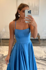 Blue A-Line Spaghetti Straps Simple Corset Prom Dress with Pockets Gowns, Blue A-Line Spaghetti Straps Simple Prom Dress with Pockets