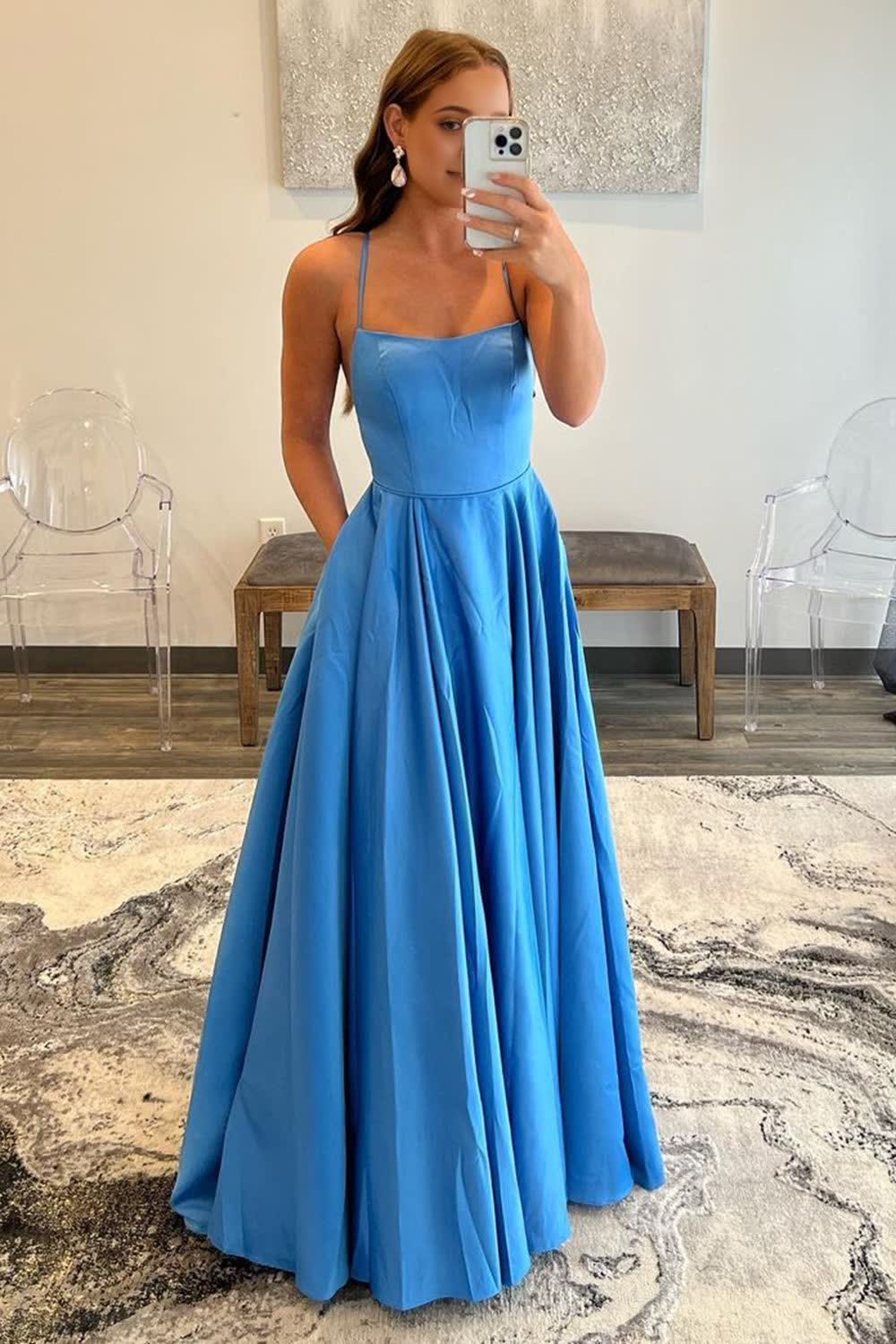 Blue A-Line Spaghetti Straps Simple Corset Prom Dress with Pockets Gowns, Blue A-Line Spaghetti Straps Simple Prom Dress with Pockets