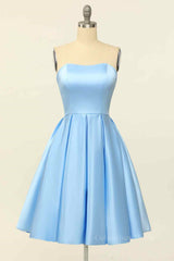 Blue A-line Strapless Satin Mini Corset Homecoming Dress outfit, Party Dress Over 52
