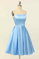 Blue A-line Strapless Satin Mini Corset Homecoming Dress outfit, Party Dresses For Over 52S