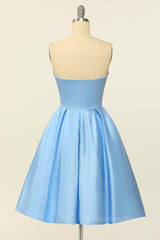 Blue A-line Strapless Satin Mini Corset Homecoming Dress outfit, Party Dress For Over 52