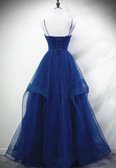 Blue A-line Straps Tulle Layers Long Party Dress, Blue Long Corset Prom Dress outfits, Prom Shoes