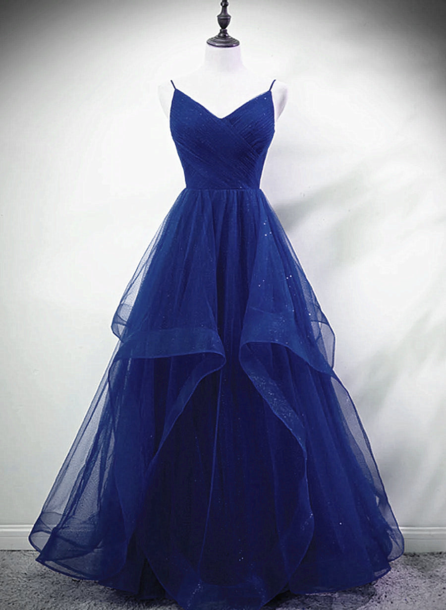 Blue A-line Straps Tulle Layers Long Party Dress, Blue Long Corset Prom Dress outfits, Pretty Prom Dress