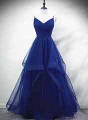 Blue A-line Straps Tulle Layers Long Party Dress, Blue Long Corset Prom Dress outfits, Pretty Prom Dress