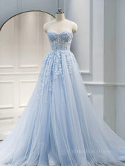 Blue A line tulle lace long Corset Prom dress blue lace Corset Formal dress outfit, Prom Dress Sleeves