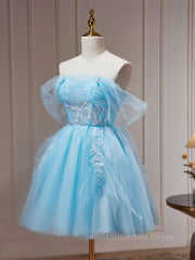 Blue A-line Tulle Short Corset Prom Dress, Blue Corset Homecoming Dress outfit, Pink Dress