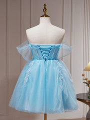 Blue A-line Tulle Short Corset Prom Dress, Blue Corset Homecoming Dress outfit, Black Prom Dress