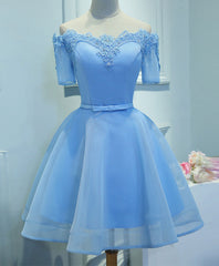 Blue A-Line Tulle Short Sleeve Lace Short Corset Prom Dress, Blue Cute Corset Homecoming Dress outfit, Evening Dress Elegant