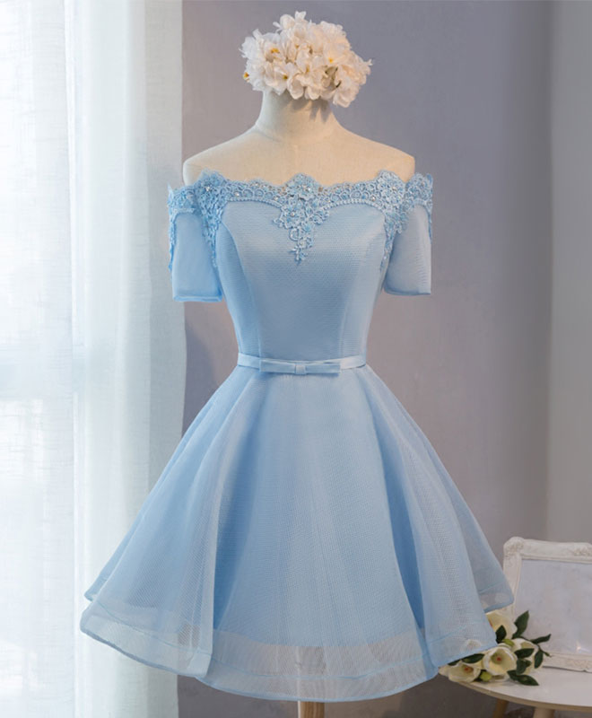 Blue A-Line Tulle Short Sleeve Lace Short Corset Prom Dress, Blue Cute Corset Homecoming Dress outfit, Evening Dresses On Sale