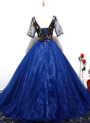 Blue Corset Ball Gown Tulle with Lace Short Sleeves Party Dress, Blue Sweet 16 Dress outfit, Bridesmaids Dresses Colors