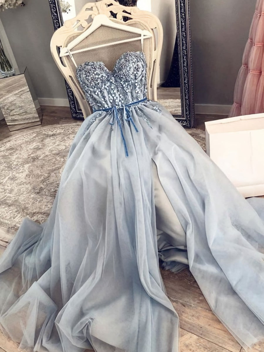 Blue Beaded Long Corset Prom Dresses, Sweetheart Neck Blue Long Corset Formal Evening Dresses with Beadings outfit, Formal Dresses For Winter