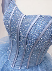 Blue Beaded Off Shoulder Tulle Long Corset Formal Dress, Blue Evening Dress Corset Prom Dress outfits, Formal Dresses Wedding