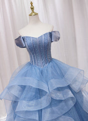 Blue Beaded Off Shoulder Tulle Long Corset Formal Dress, Blue Evening Dress Corset Prom Dress outfits, Formal Dress Websites
