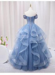 Blue Beaded Off Shoulder Tulle Long Corset Formal Dress, Blue Evening Dress Corset Prom Dress outfits, Formal Dress Website