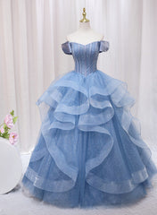 Blue Beaded Off Shoulder Tulle Long Corset Formal Dress, Blue Evening Dress Corset Prom Dress outfits, Formal Dress Wedding
