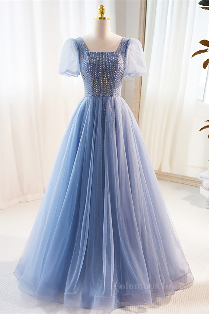 Blue Beaded Puff Sleeves A-line Tulle Long Corset Prom Dress outfits, Prom Dresses Two Pieces