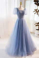 Blue Beaded Puff Sleeves A-line Tulle Long Corset Prom Dress outfits, Prom Dressed Two Piece