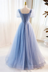 Blue Beaded Puff Sleeves A-line Tulle Long Corset Prom Dress outfits, Prom Dress Two Pieces