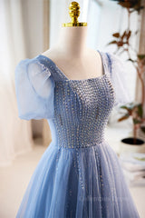 Blue Beaded Puff Sleeves A-line Tulle Long Corset Prom Dress outfits, Formal Dress