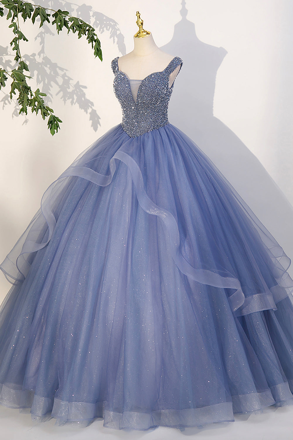 Blue Beaded Tulle Long A-Line Corset Prom Dress, Blue Corset Formal Dress outfit, Evening Dresses And Gowns