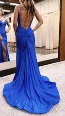 Blue Beading Corset Prom Dress with Slit Gowns, Blue Beading Prom Dress with Slit