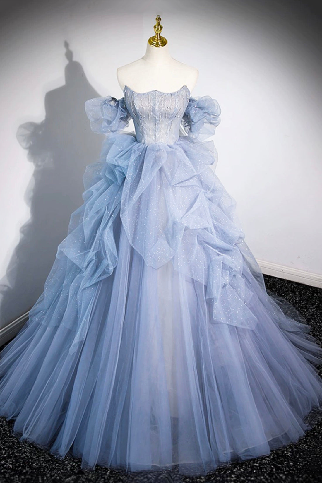 Blue Cascading Ruffles Long Corset Prom Dresses, A-Line Strapless Short Sleeve Sweep Train Evening Dress outfit, Prom Dresses Open Backs