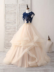 Blue/Champagne Tulle Lace Applique Long Corset Prom Dress, Evening Dress outfit, Party Dress Shop Near Me