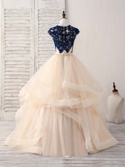 Blue/Champagne Tulle Lace Applique Long Corset Prom Dress, Evening Dress outfit, Party Dress Fancy