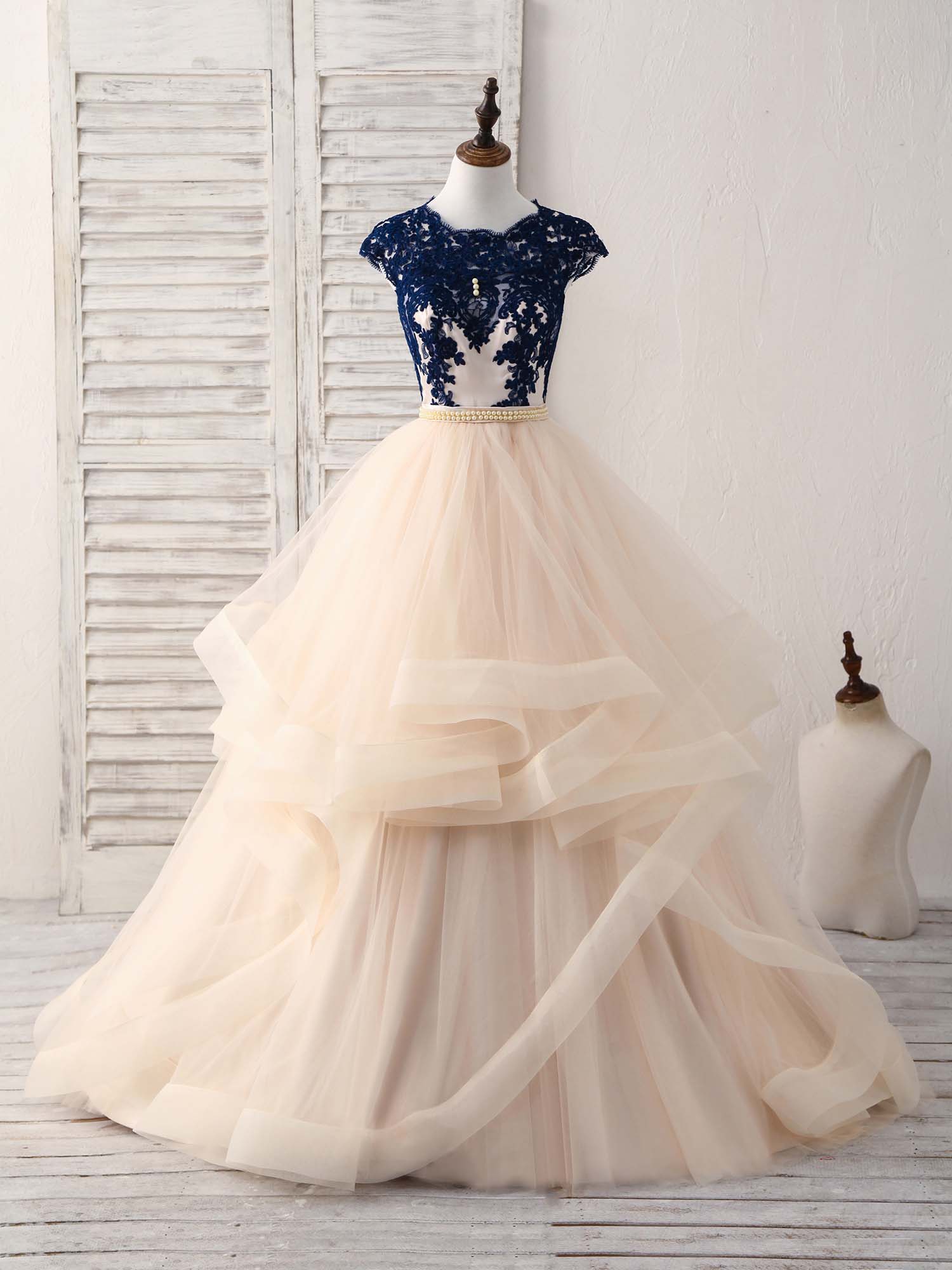 Blue/Champagne Tulle Lace Applique Long Corset Prom Dress, Evening Dress outfit, Party Dress Shops Near Me