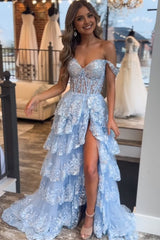 Blue Corset Tiered Lace Corset Prom Dress with Slit Gowns, Blue Corset Tiered Lace Prom Dress with Slit