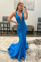 Blue Deep V-neck Mermaid Corset Prom Dress with Beading outfit, Blue Deep V-neck Mermaid Prom Dress with Beading
