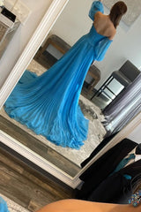 Blue Detachable Sleeves Cut-Out Long Corset Prom Dress with Beading outfit, Blue Detachable Sleeves Cut-Out Long Prom Dress with Beading