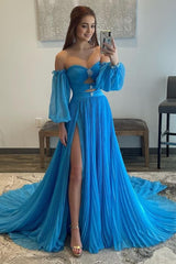 Blue Detachable Sleeves Cut-Out Long Corset Prom Dress with Beading outfit, Blue Detachable Sleeves Cut-Out Long Prom Dress with Beading