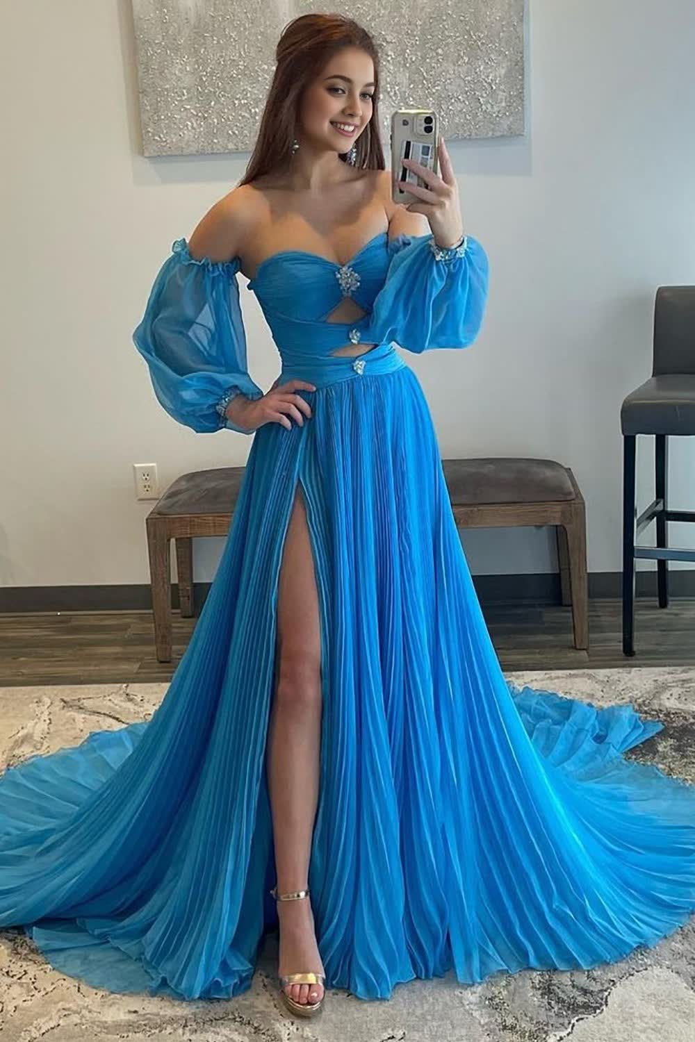 Blue Detachable Sleeves Cut-Out Long Corset Prom Dress with Beading outfit, Blue Detachable Sleeves Cut-Out Long Prom Dress with Beading