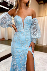 Blue Detachable Sleeves Sweetheart Lace Long Corset Prom Dress with Slit Gowns, Blue Detachable Sleeves Sweetheart Lace Long Prom Dress with Slit