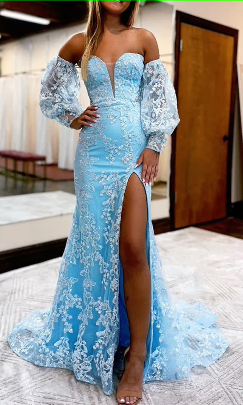 Blue Detachable Sleeves Sweetheart Lace Long Corset Prom Dress with Slit Gowns, Blue Detachable Sleeves Sweetheart Lace Long Prom Dress with Slit