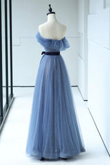 Blue Floor Length Corset Prom Dress, A-line Strapless Tulle Evening Dress outfit, Prom Dress Long Sleeve