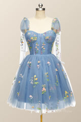 Blue Floral Corset A-line Corset Homecoming Dress with Tie Shoulders outfits, Prom Dress With Long Sleeves