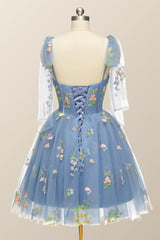Blue Floral Corset A-line Corset Homecoming Dress with Tie Shoulders outfits, Prom Dresses With Long Sleeves
