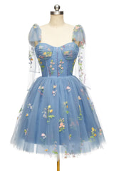 Blue Floral Corset A-line Corset Homecoming Dress with Tie Shoulders outfits, Prom Dress Casual