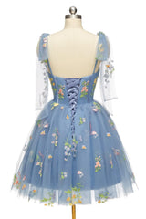 Blue Floral Corset A-line Corset Homecoming Dress with Tie Shoulders outfits, Prom Dresses Sale