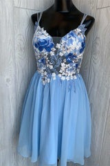 Blue Floral Embroidered A-line Short Corset Homecoming Dresses outfit, Prom Dresses For Teens
